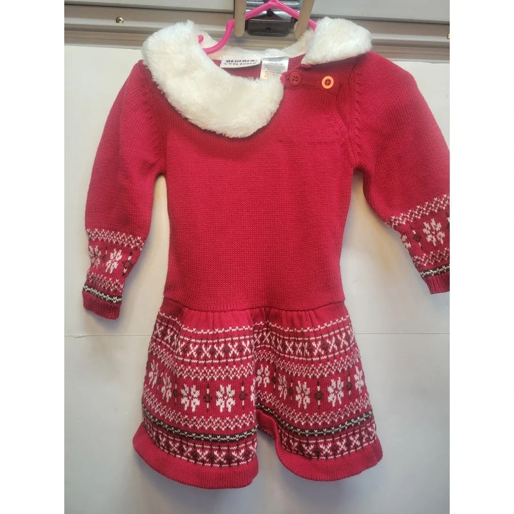 Blueberi Boulevard‎ Girls Red Knit Christmas Dress Faux Fur Collar 3T Toddler